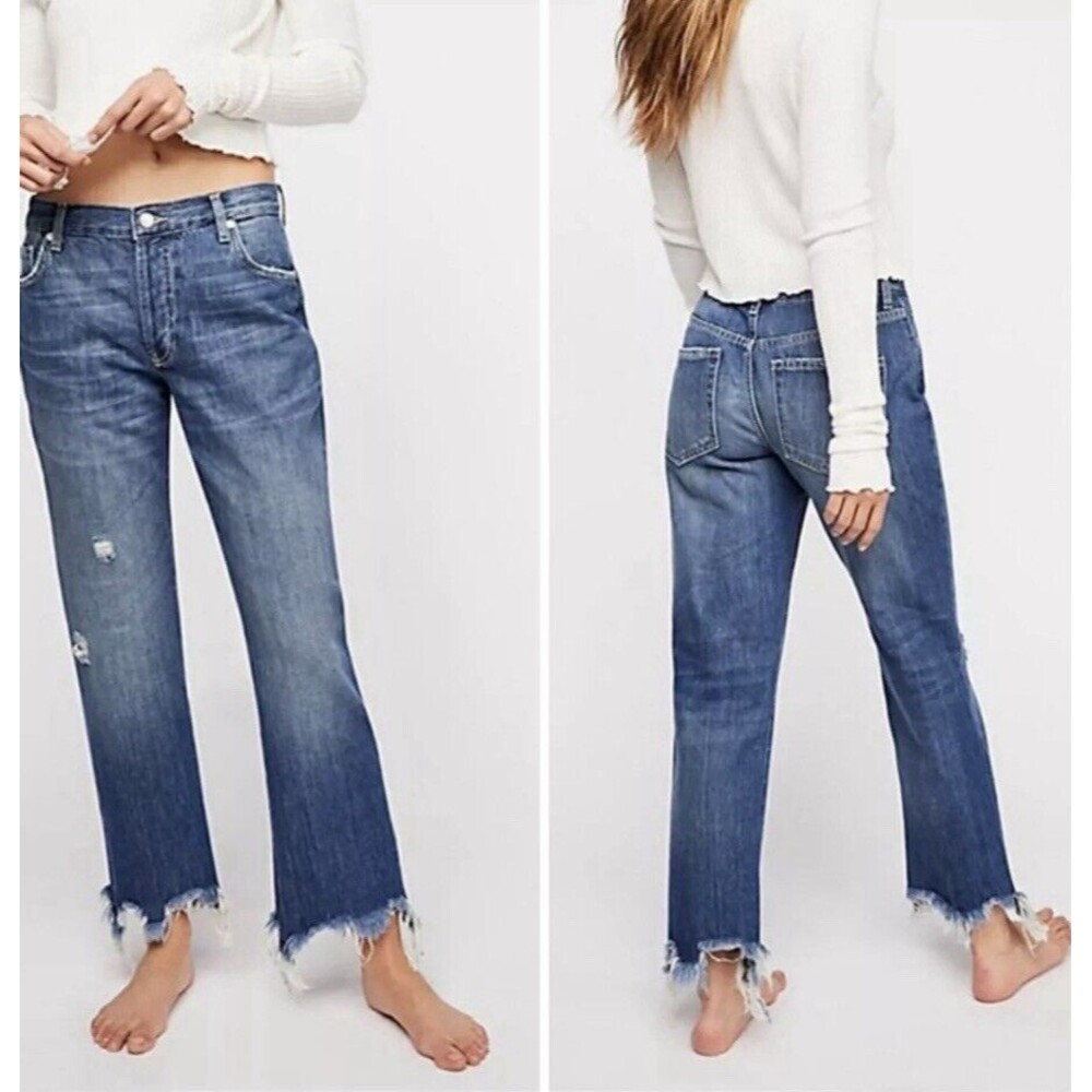 We The Free Size 26 Maggie Mid Rise Jeans Straight Leg Button Fly Raw Hem Boho